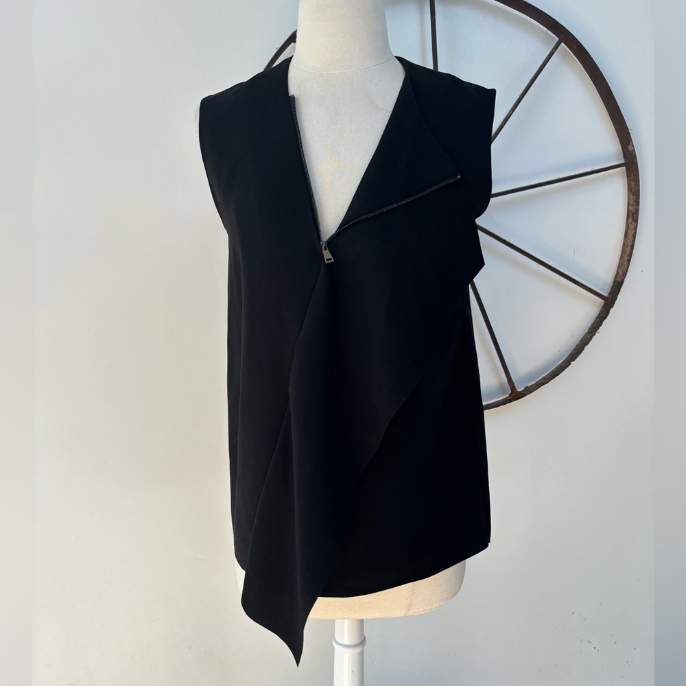 Vince Solid Black Draped Zip Front Sleeveless Blo… - image 2